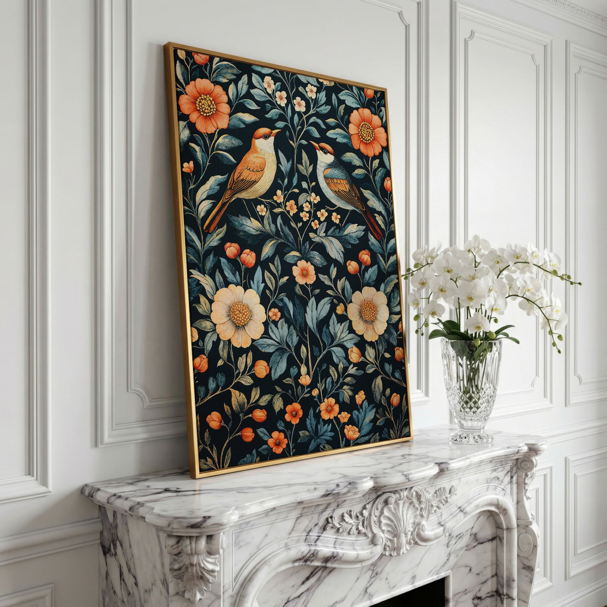 William Morris Bird & Floral Canvas Print in yellow gold floating frame