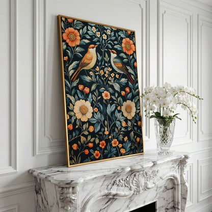 William Morris Bird & Floral Canvas Print in yellow gold floating frame