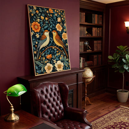 William Morris Birds & Blooms Canvas Print in antique gold floating frame