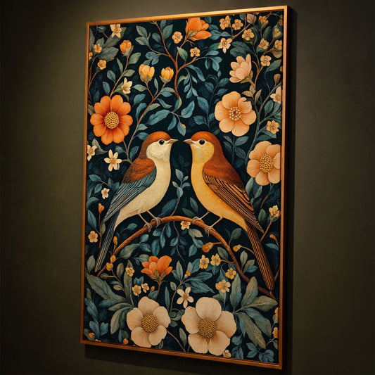 William Morris Birds & Blooms Canvas Print shown in antique gold floating frame