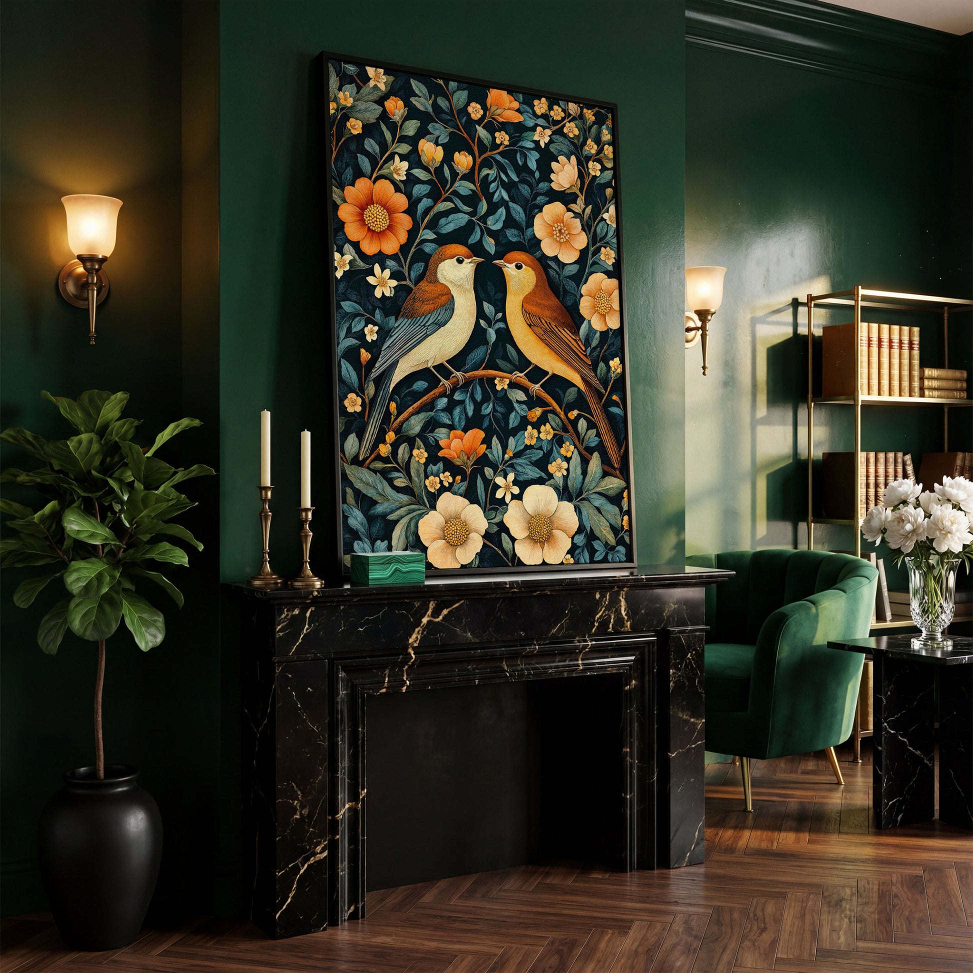 William Morris Birds & Blooms Canvas Print in black floating frame