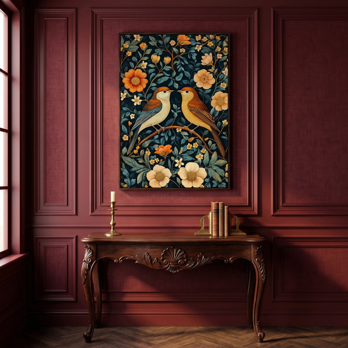 William Morris Birds & Blooms Canvas Print in dark walnut floating frame