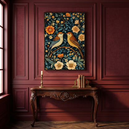 William Morris Birds & Blooms Canvas Print in dark walnut floating frame