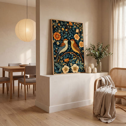 William Morris Birds & Blooms Canvas Print in white oak floating frame