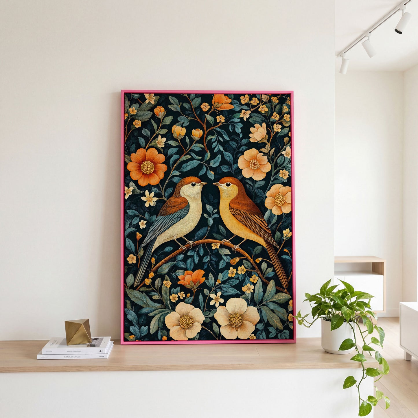 William Morris Birds & Blooms Canvas Print in pink floating frame
