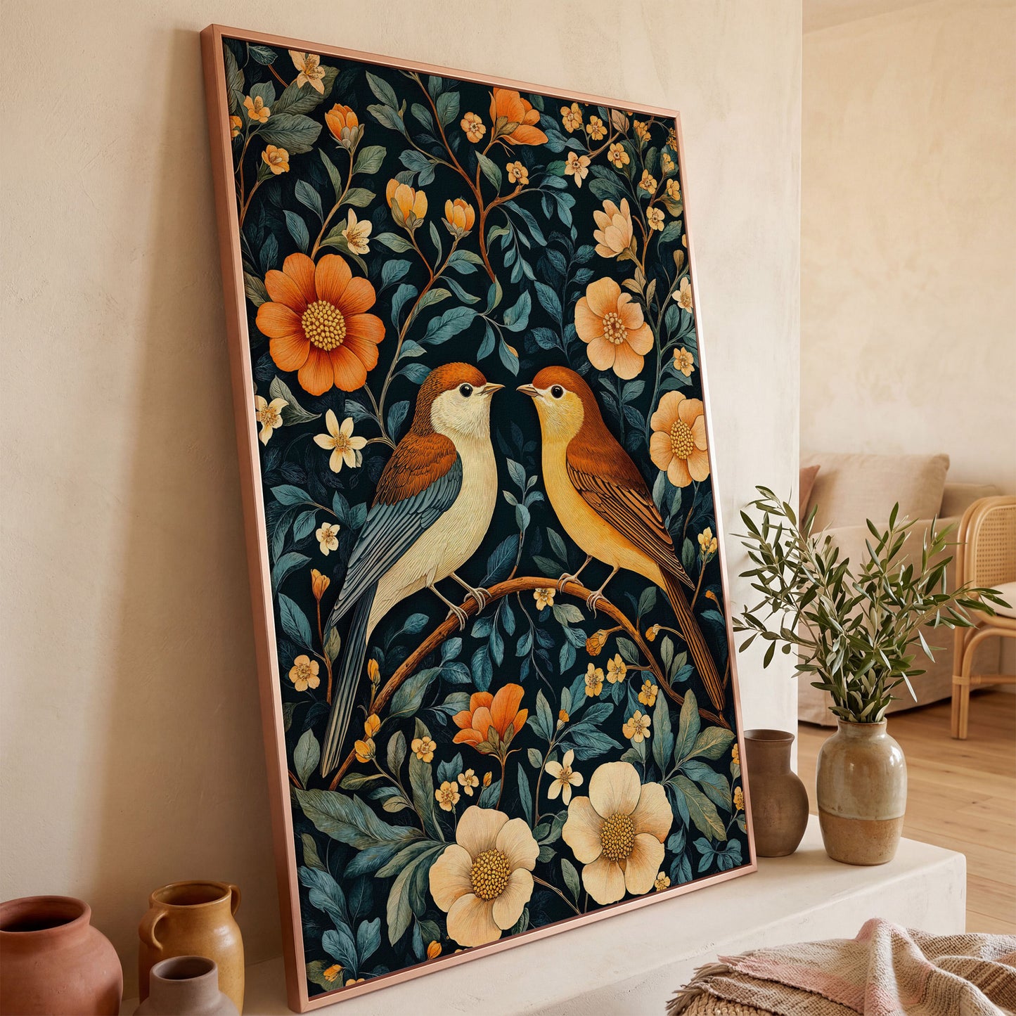 William Morris Birds & Blooms Canvas Print in rose gold floating frame