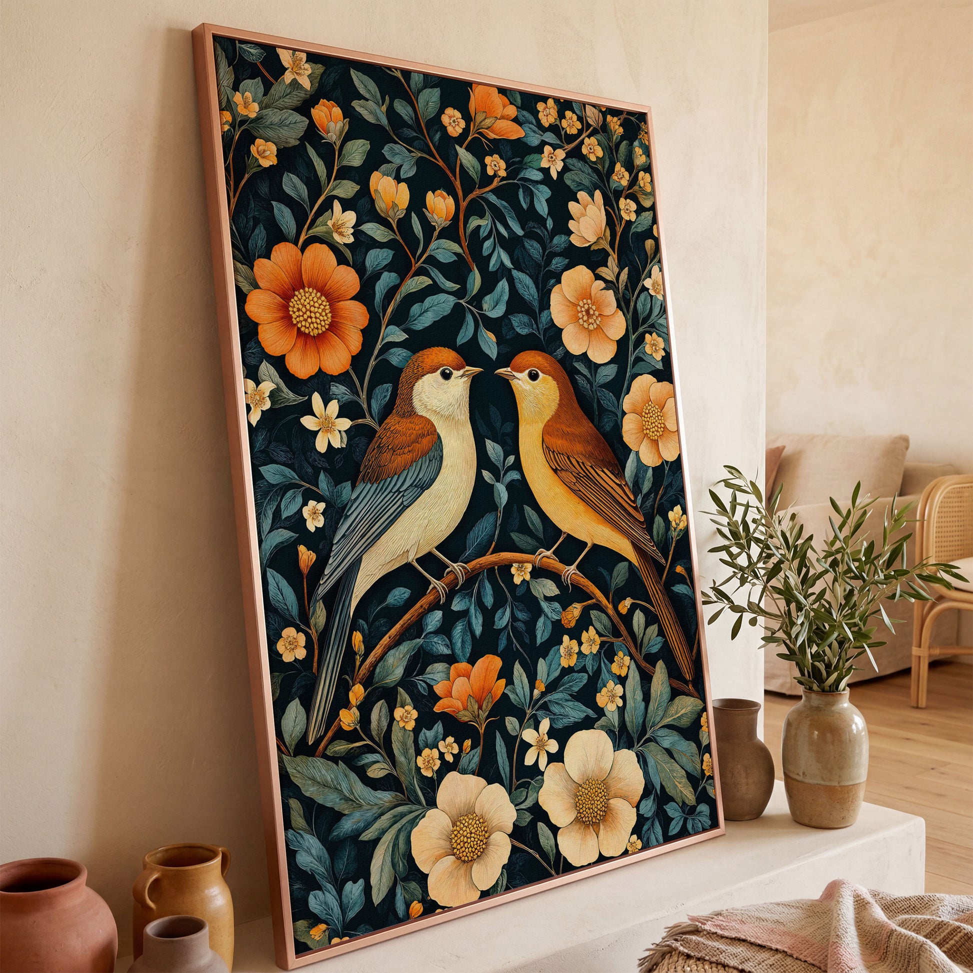William Morris Birds & Blooms Canvas Print in rose gold floating frame
