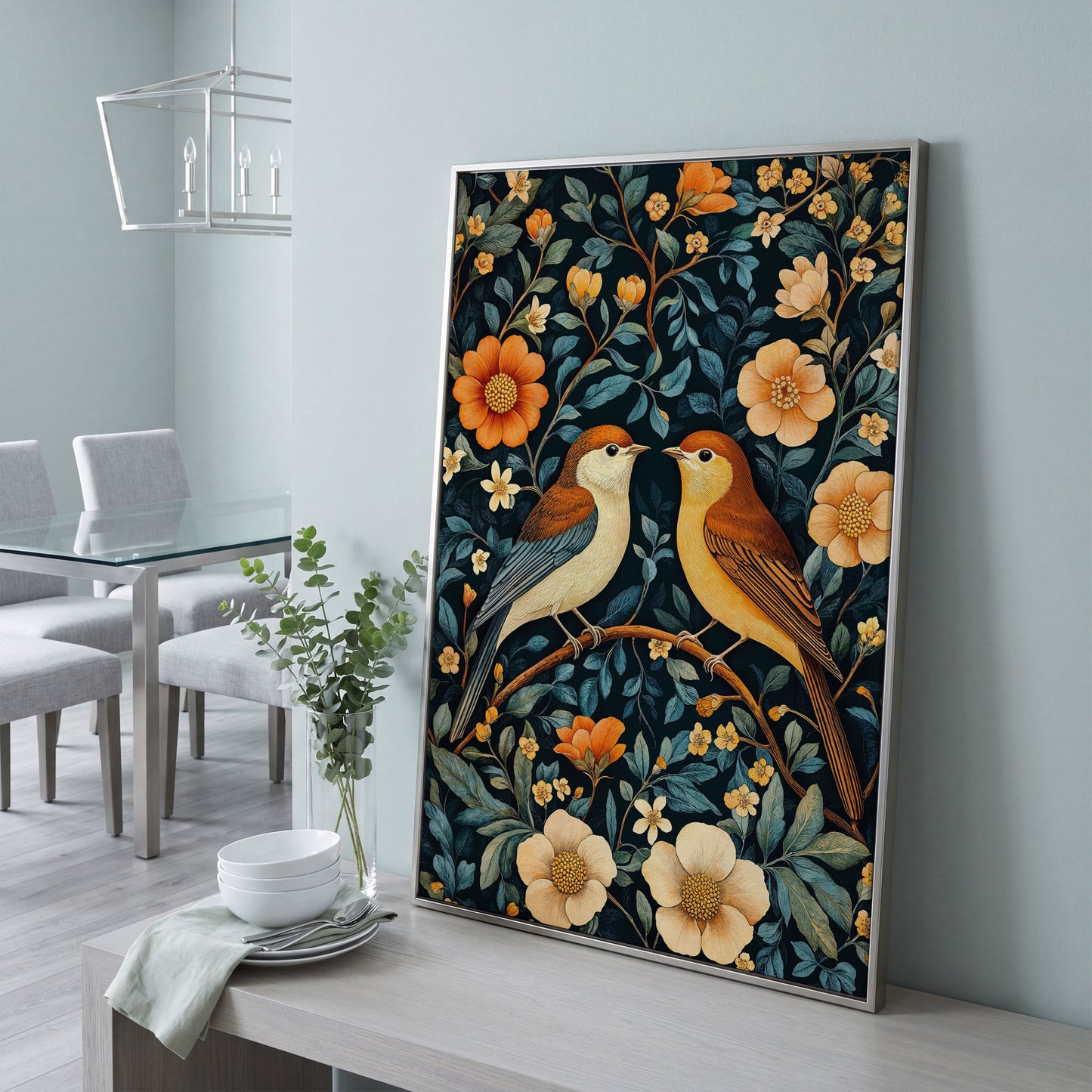 William Morris Birds & Blooms Canvas Print in silver floating frame