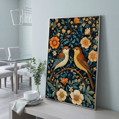 William Morris Birds & Blooms Canvas Print in silver floating frame