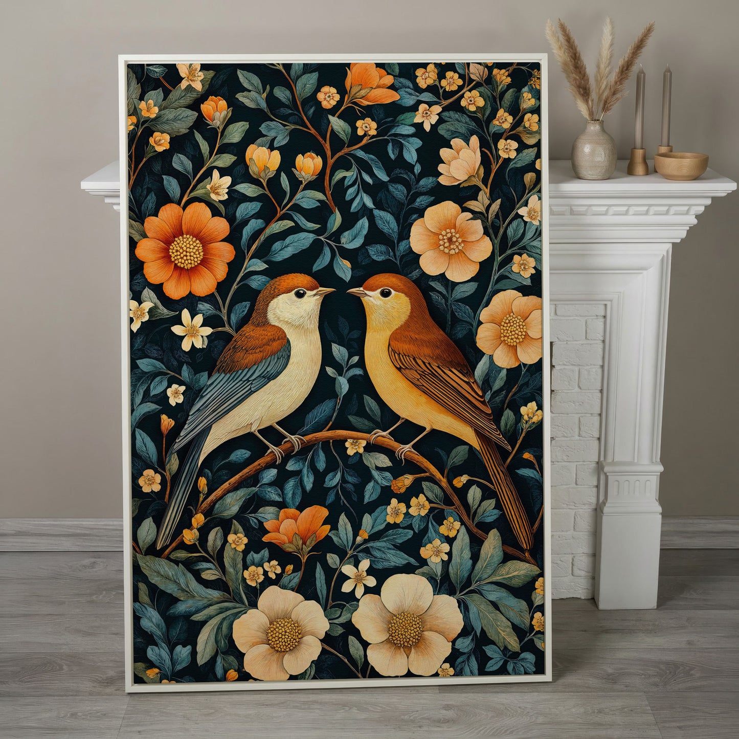 William Morris Birds & Blooms Canvas Print in white floating frame