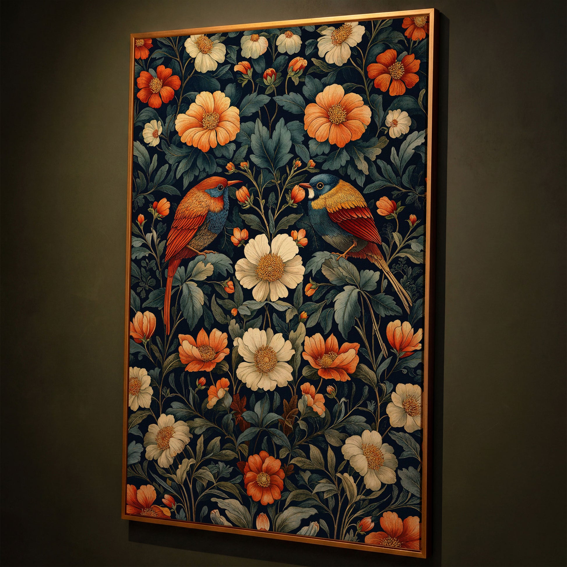 Morris-Style Birds & Blossoms Canvas shown in antique gold floating frame
