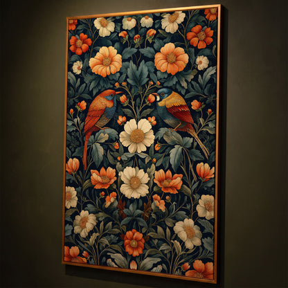 Morris-Style Birds & Blossoms Canvas shown in antique gold floating frame