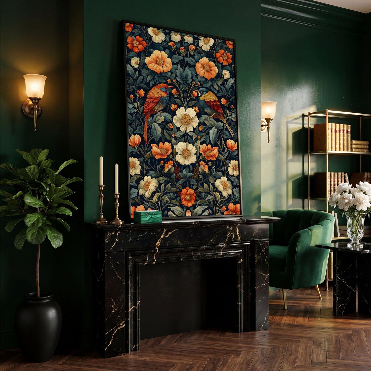 Morris-Style Birds & Blossoms Canvas in black floating frame
