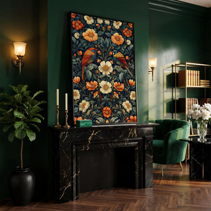 Morris-Style Birds & Blossoms Canvas in black floating frame