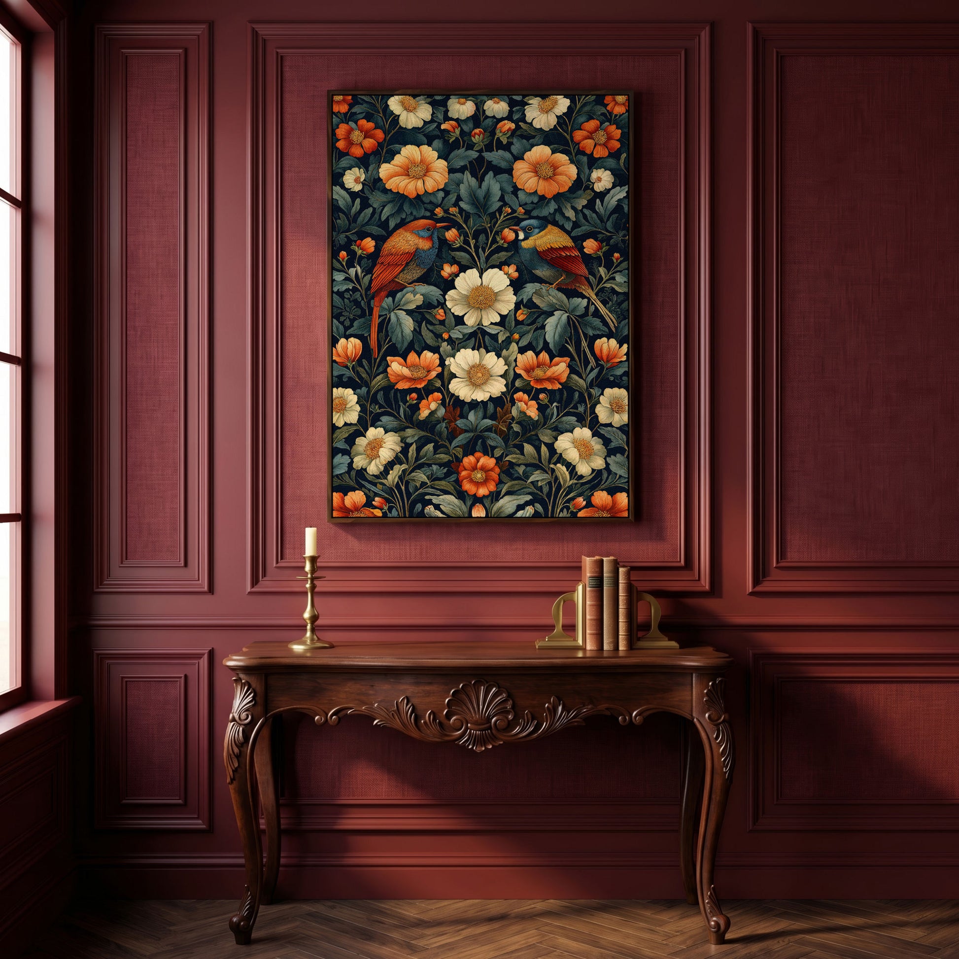 Morris-Style Birds & Blossoms Canvas in dark walnut floating frame