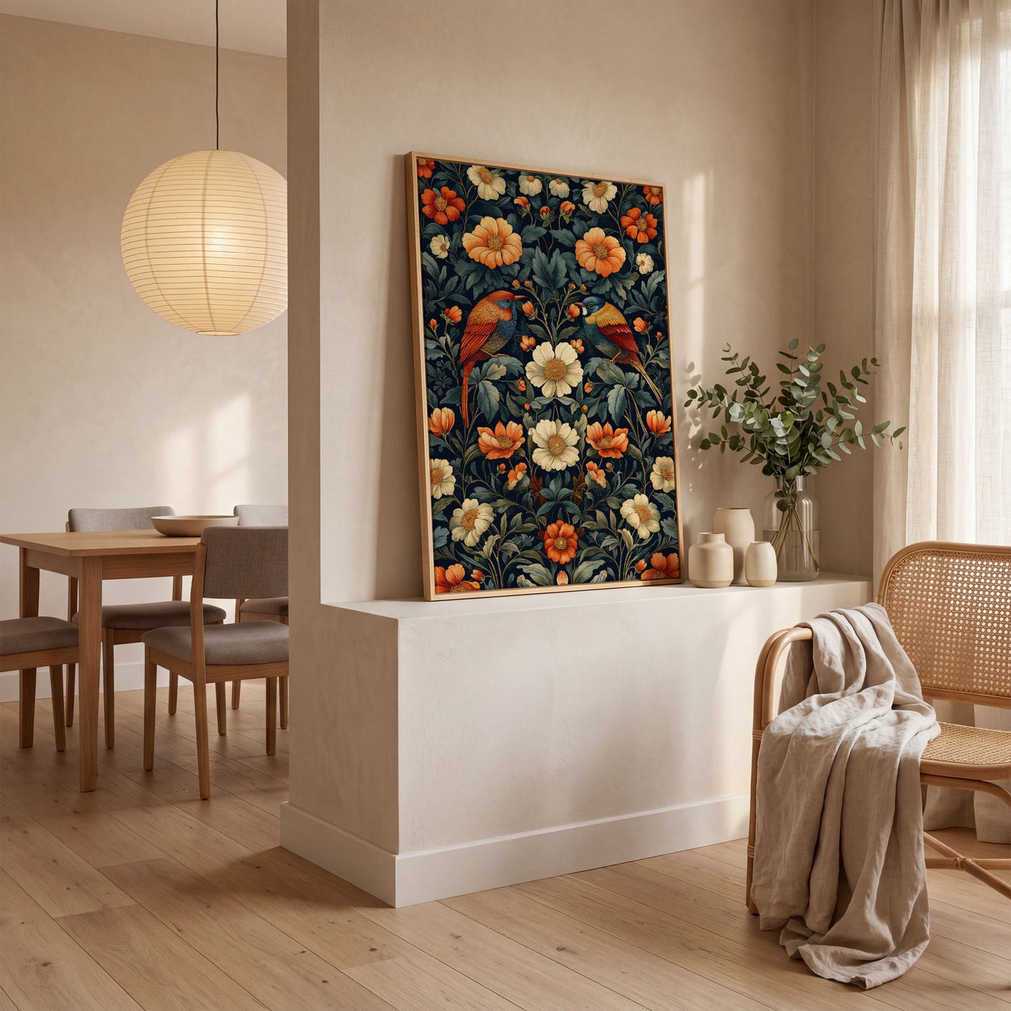 Morris-Style Birds & Blossoms Canvas in white oak floating frame