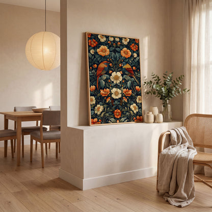 Morris-Style Birds & Blossoms Canvas in white oak floating frame