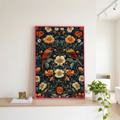 Morris-Style Birds & Blossoms Canvas in pink floating frame