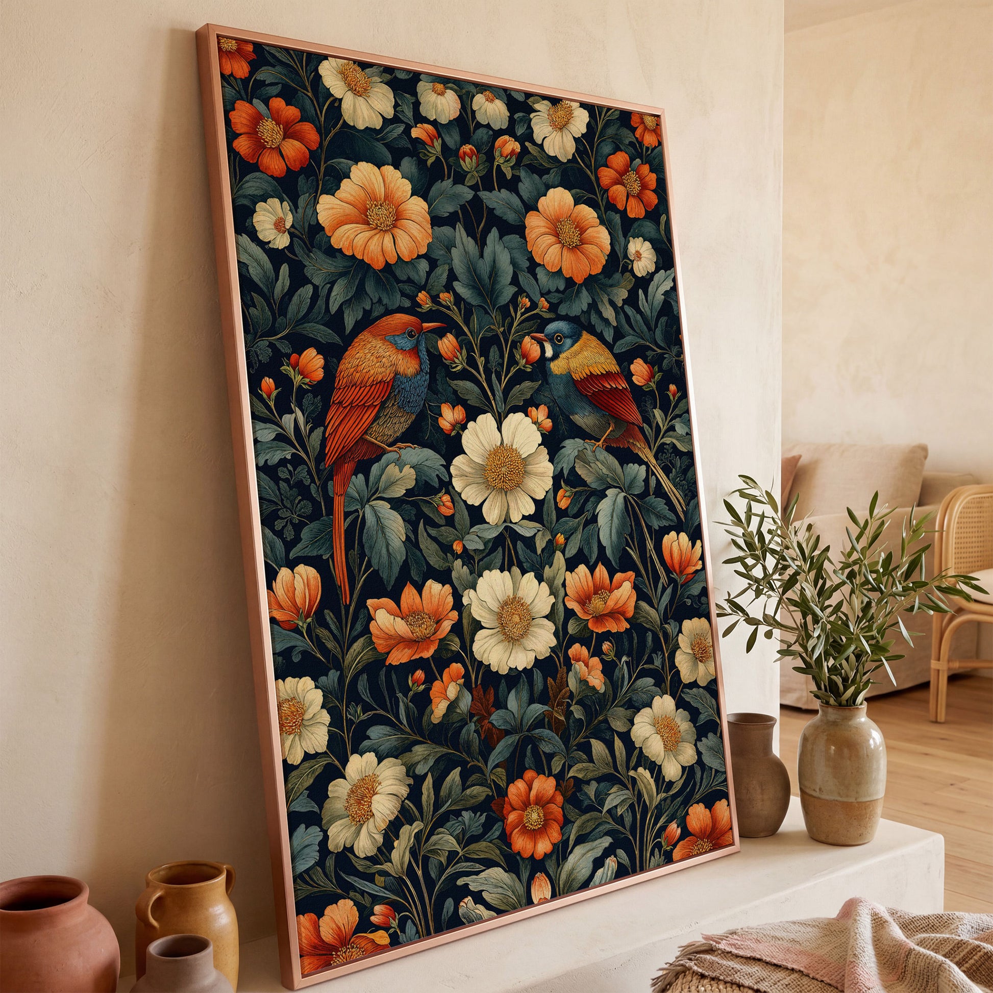 Morris-Style Birds & Blossoms Canvas in rose gold floating frame