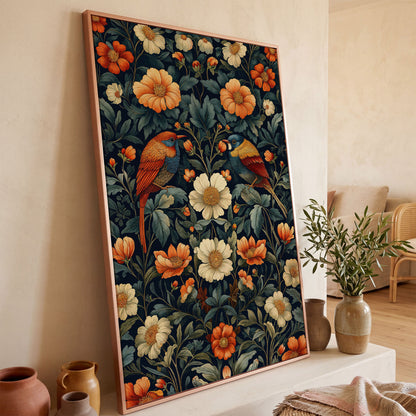 Morris-Style Birds & Blossoms Canvas in rose gold floating frame