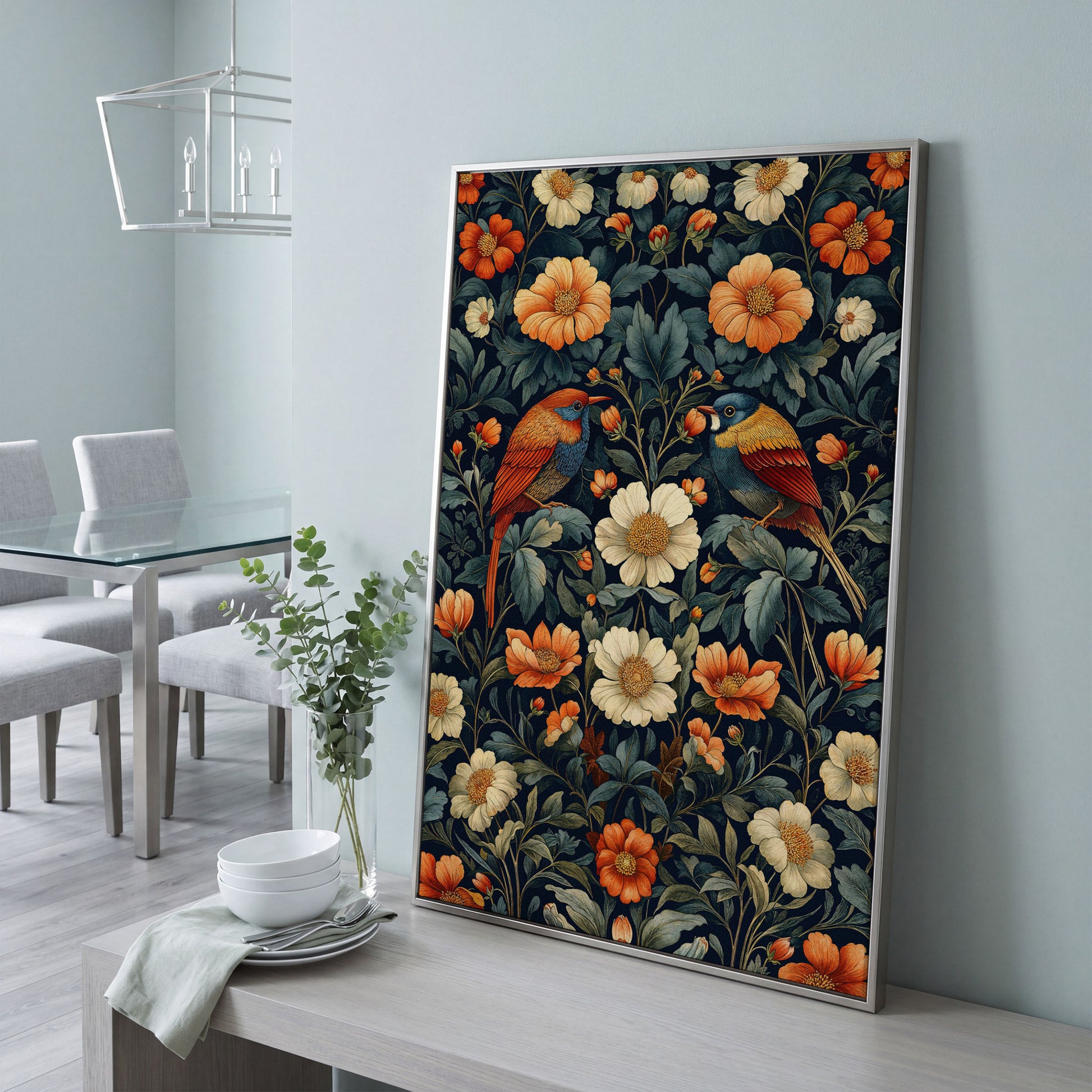 Morris-Style Birds & Blossoms Canvas in silver floating frame