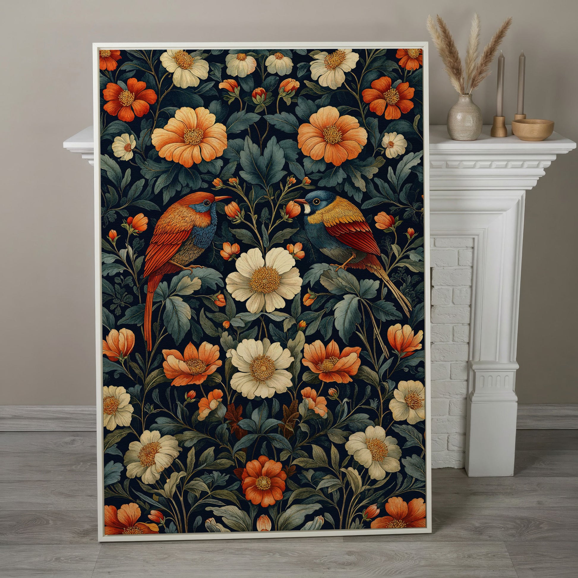 Morris-Style Birds & Blossoms Canvas in white floating frame