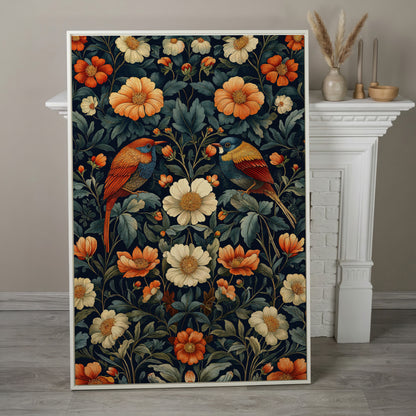 Morris-Style Birds & Blossoms Canvas in white floating frame