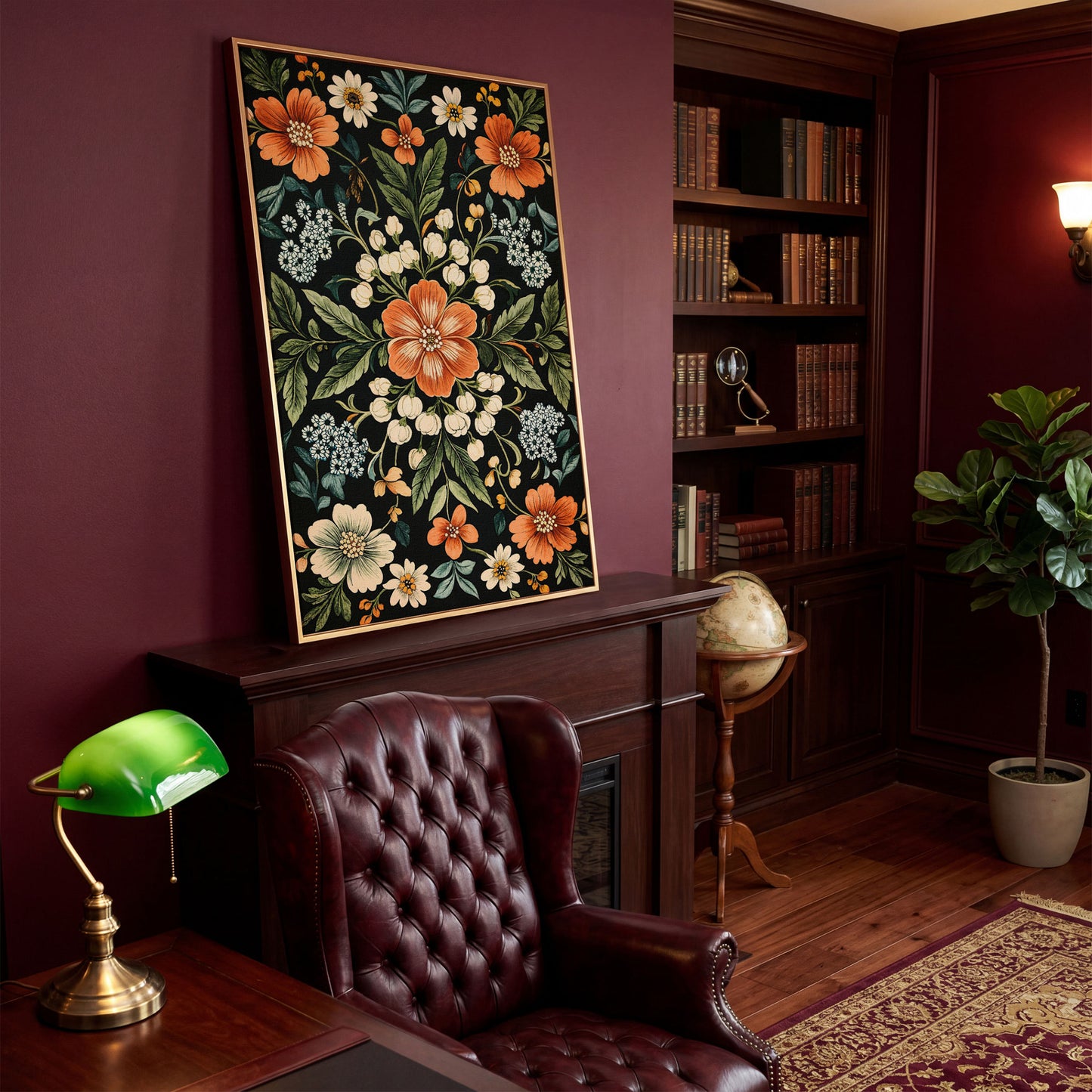 Morris-Inspired Floral Canvas in Ivory and Forest Green in antique gold floating frame