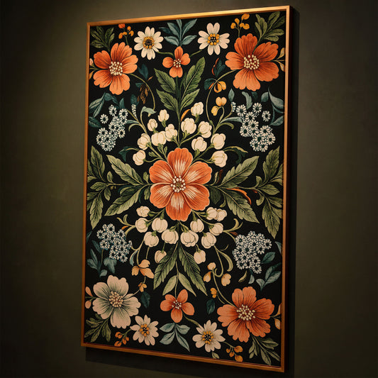 Morris-Inspired Floral Canvas in Ivory and Forest Green shown in antique gold floating frame