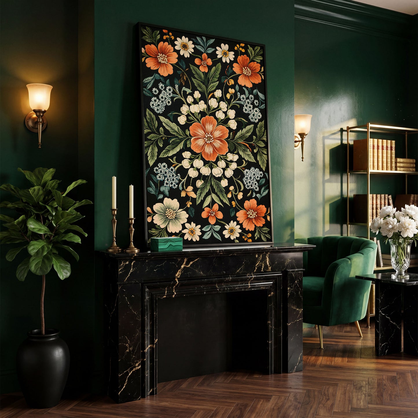 Morris-Inspired Floral Canvas in Ivory and Forest Green in black floating frame