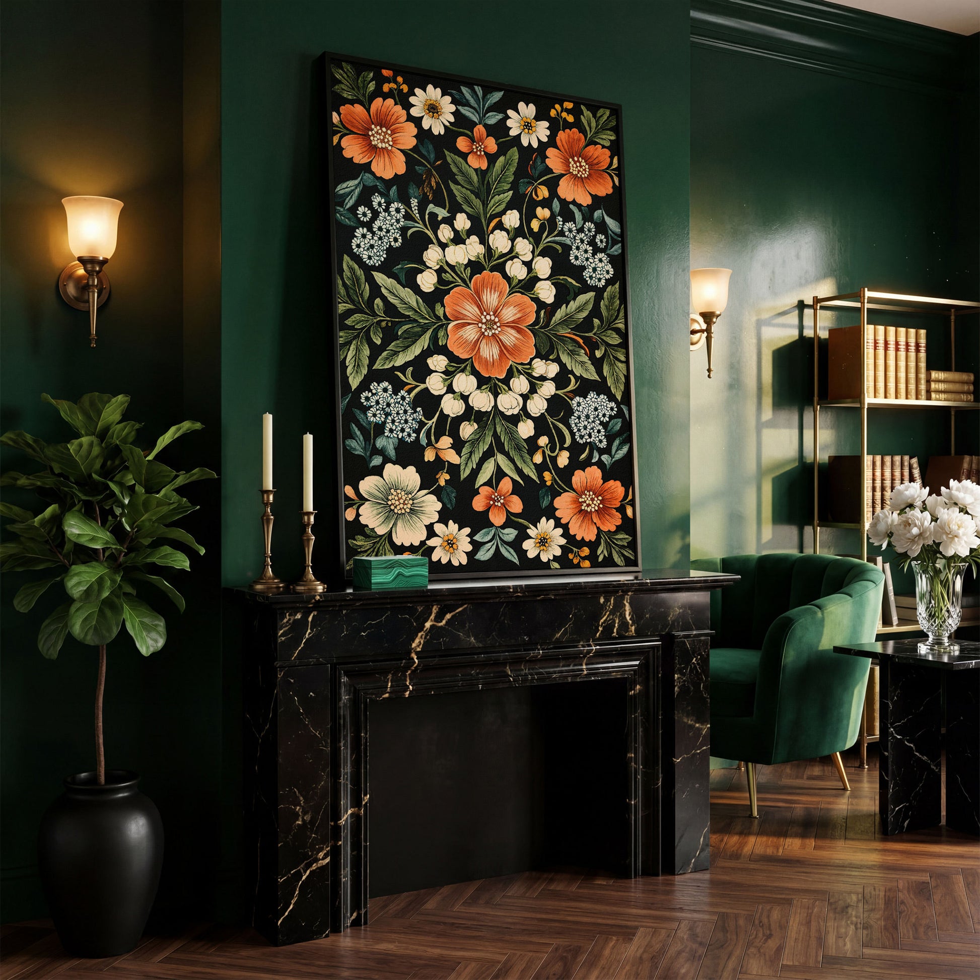 Morris-Inspired Floral Canvas in Ivory and Forest Green in black floating frame