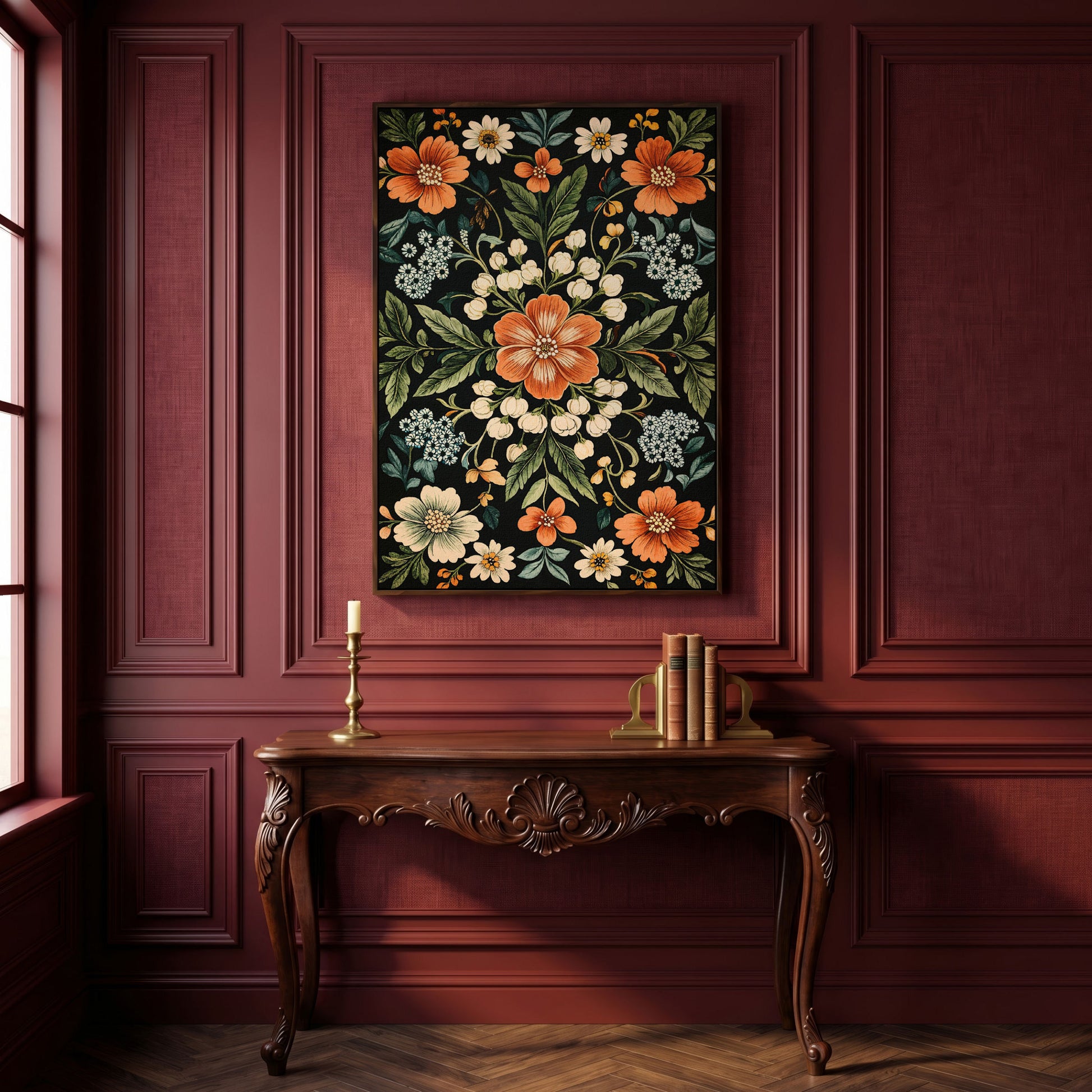 Morris-Inspired Floral Canvas in Ivory and Forest Green in dark walnut floating frame