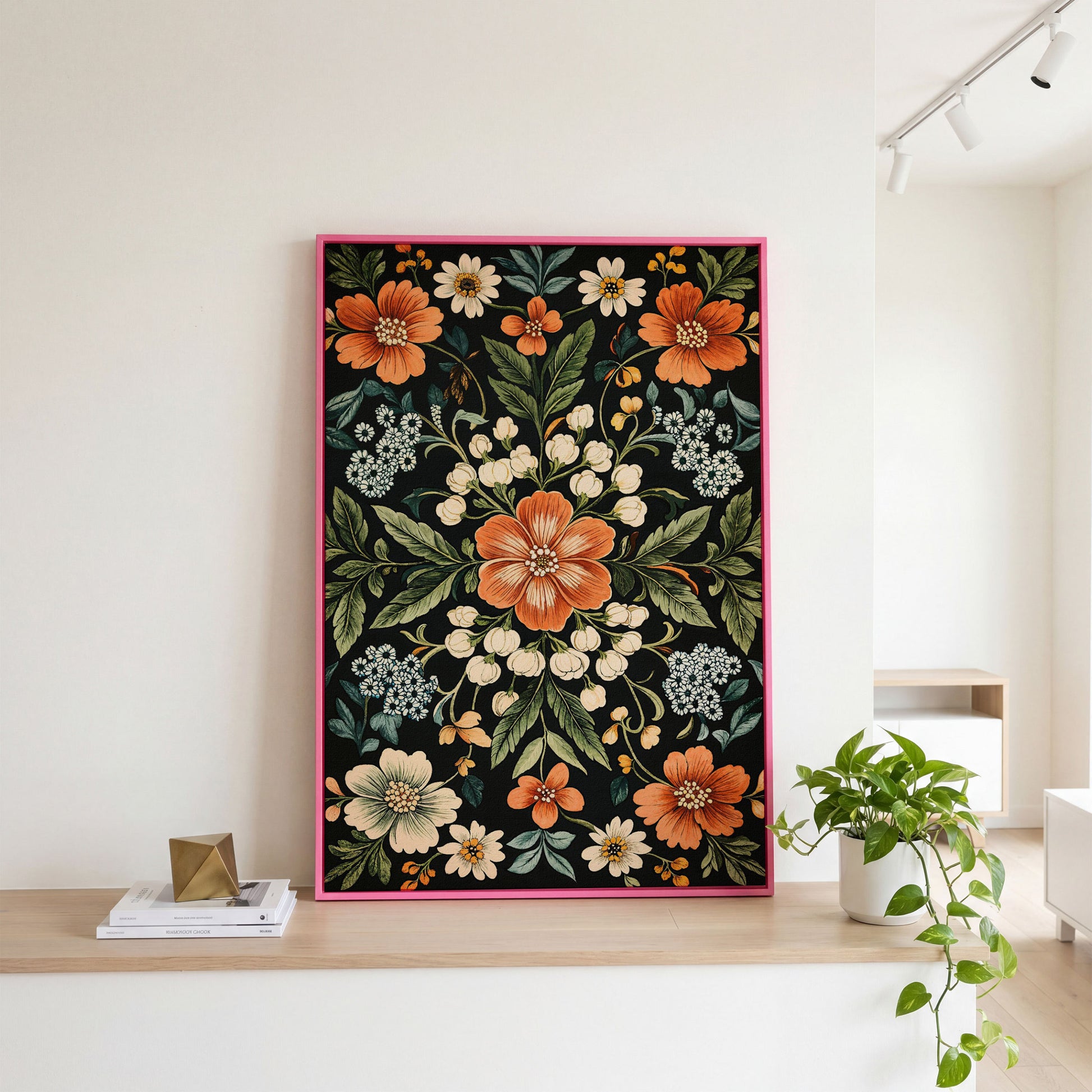 Morris-Inspired Floral Canvas in Ivory and Forest Green in pink floating frame