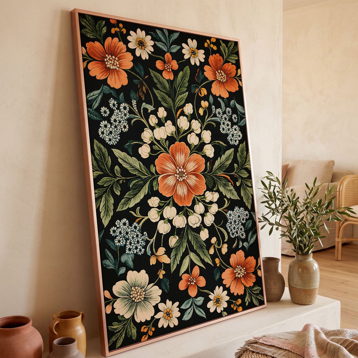 Morris-Inspired Floral Canvas in Ivory and Forest Green in rose gold floating frame