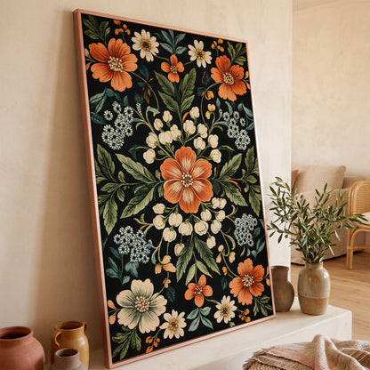Morris-Inspired Floral Canvas in Ivory and Forest Green in rose gold floating frame