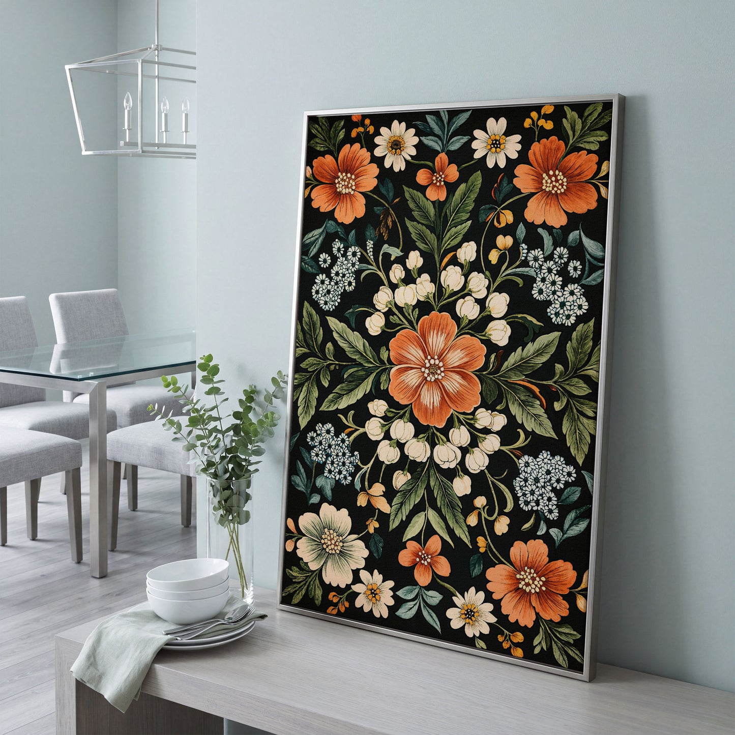 Morris-Inspired Floral Canvas in Ivory and Forest Green in silver floating frame
