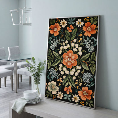 Morris-Inspired Floral Canvas in Ivory and Forest Green in silver floating frame