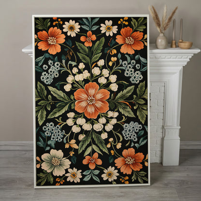 Morris-Inspired Floral Canvas in Ivory and Forest Green in white floating frame