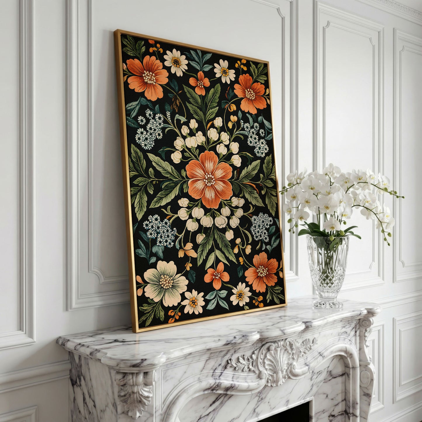 Morris-Inspired Floral Canvas in Ivory and Forest Green in yellow gold floating frame