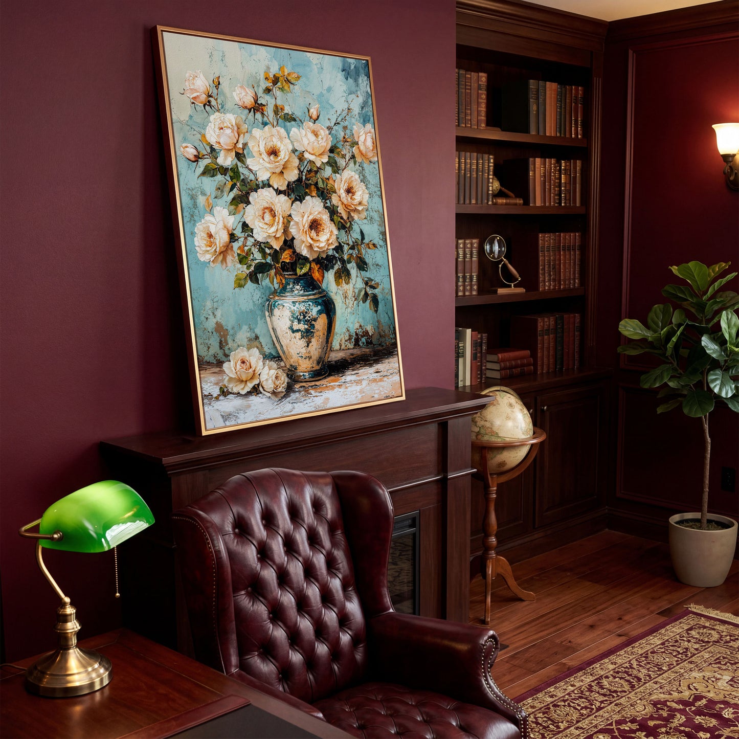 Roses in Aqua Vase Floral Canvas in antique gold floating frame