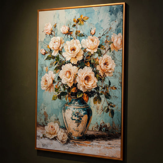 Roses in Aqua Vase Floral Canvas shown in antique gold floating frame
