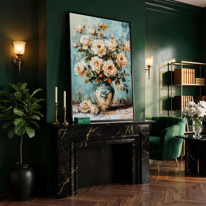 Roses in Aqua Vase Floral Canvas in black floating frame