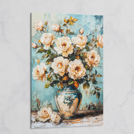Roses in Aqua Vase Floral Canvas on gallery wrap