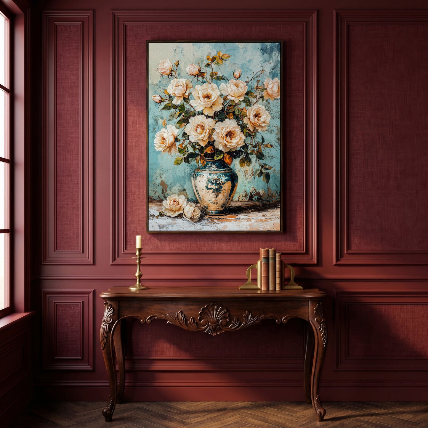 Roses in Aqua Vase Floral Canvas in dark walnut floating frame