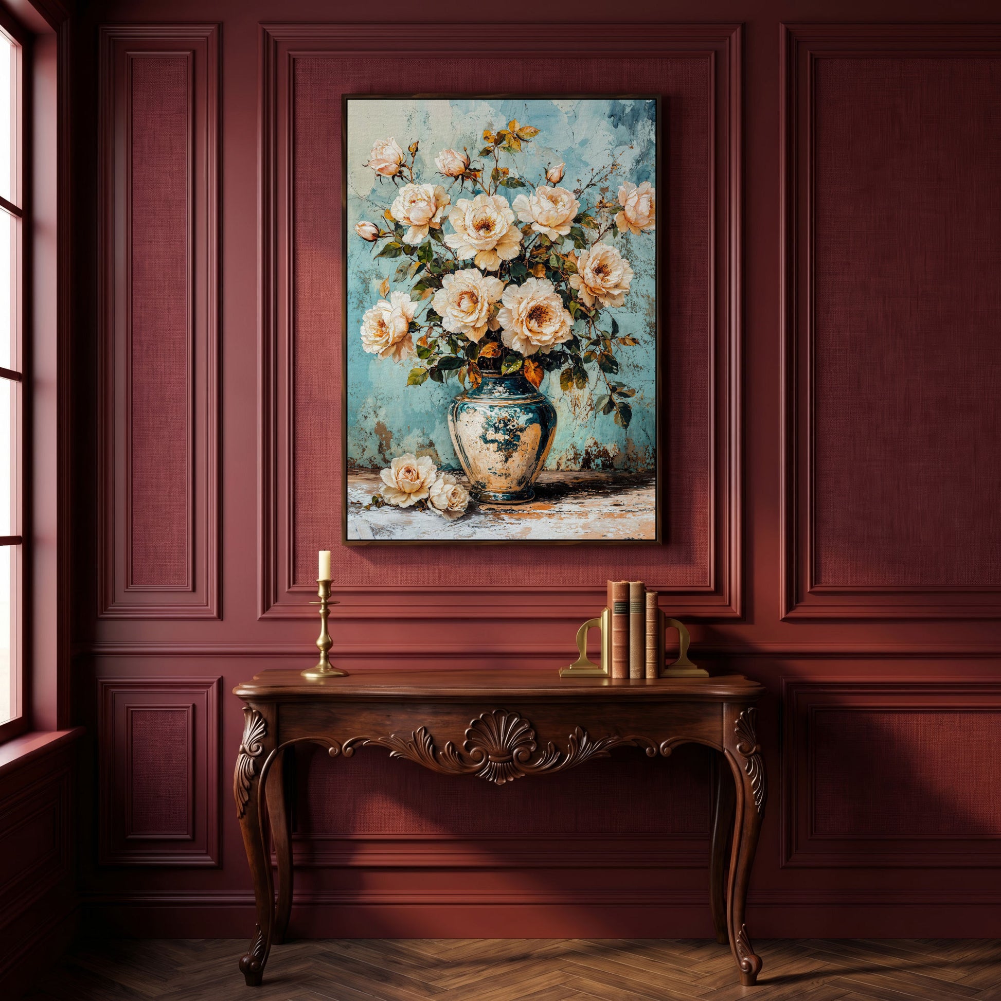 Roses in Aqua Vase Floral Canvas in dark walnut floating frame