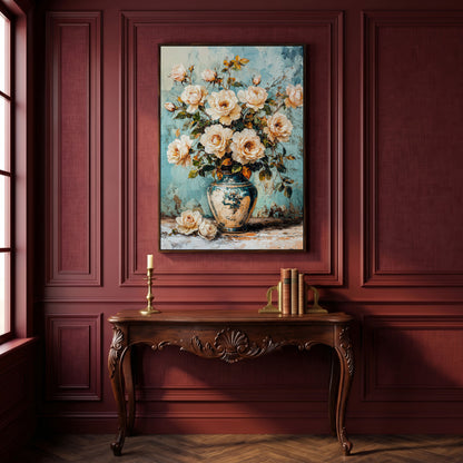 Roses in Aqua Vase Floral Canvas in dark walnut floating frame