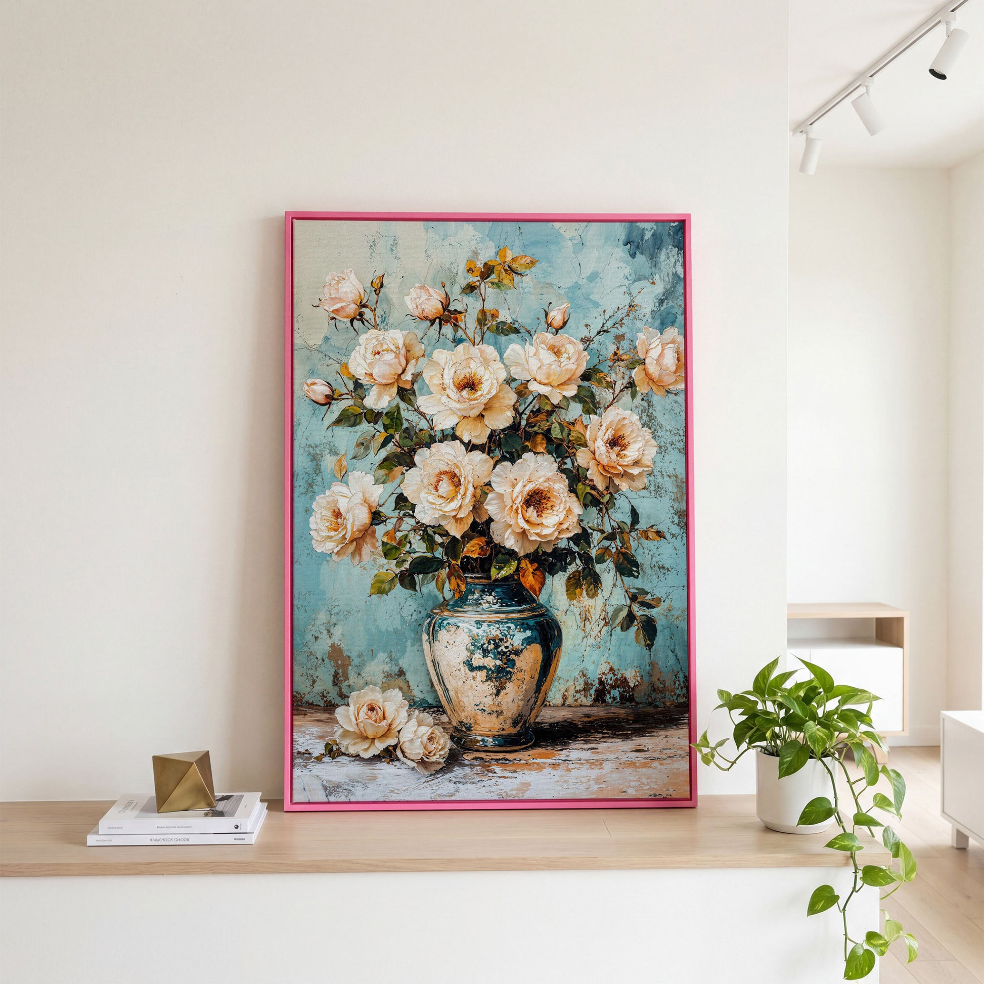 Roses in Aqua Vase Floral Canvas in pink floating frame