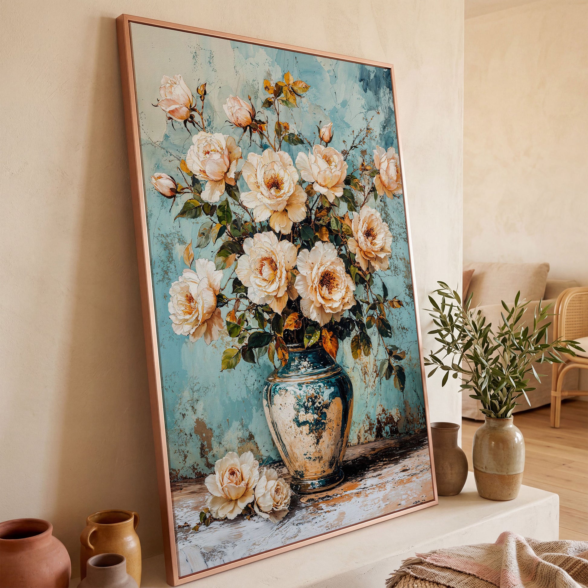 Roses in Aqua Vase Floral Canvas in rose gold floating frame