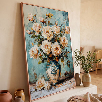 Roses in Aqua Vase Floral Canvas in rose gold floating frame