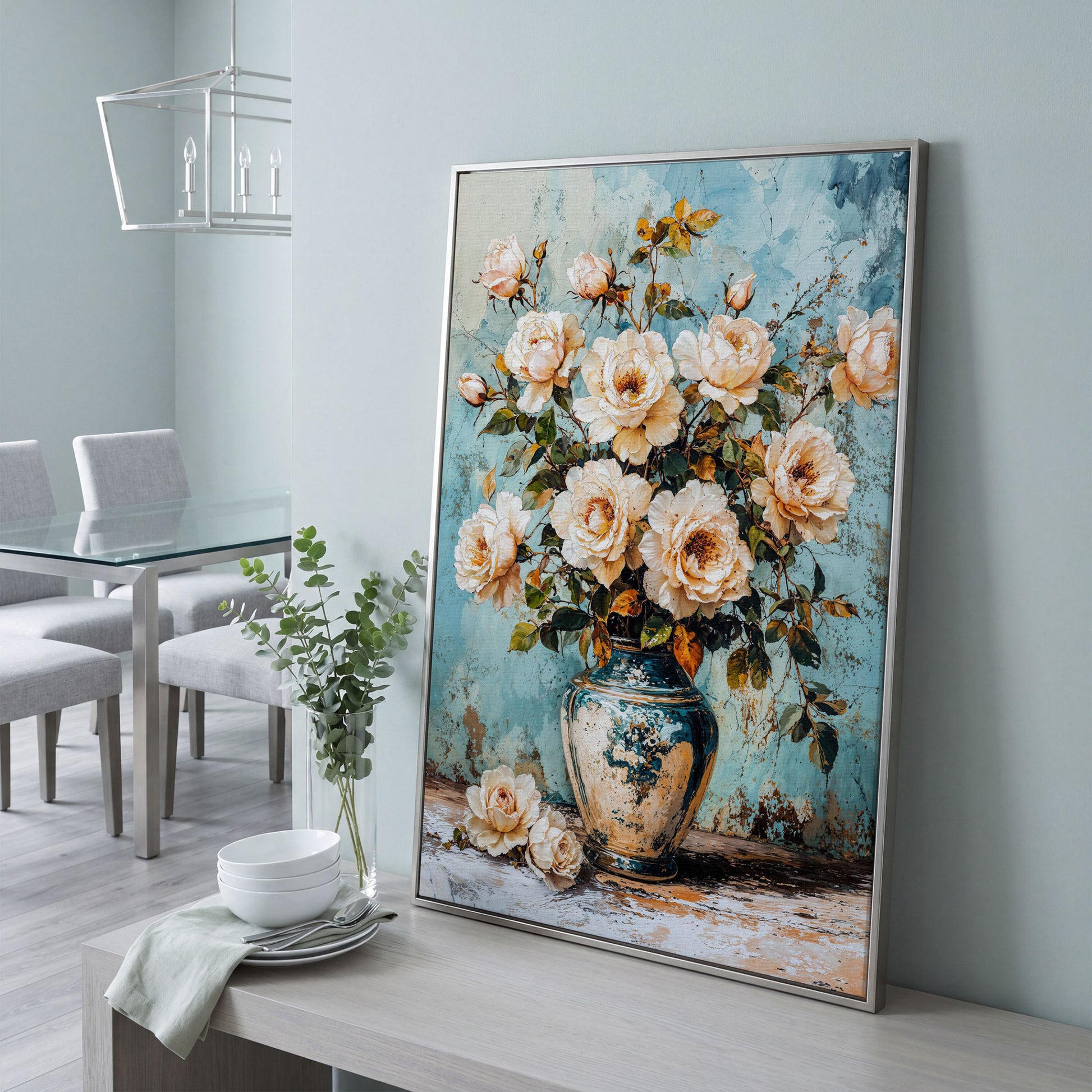 Roses in Aqua Vase Floral Canvas in silver floating frame